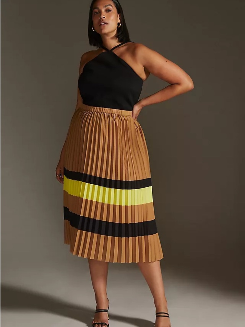 Anthropologie Maeve Pleated Tan Striped Midi Skirt Medium